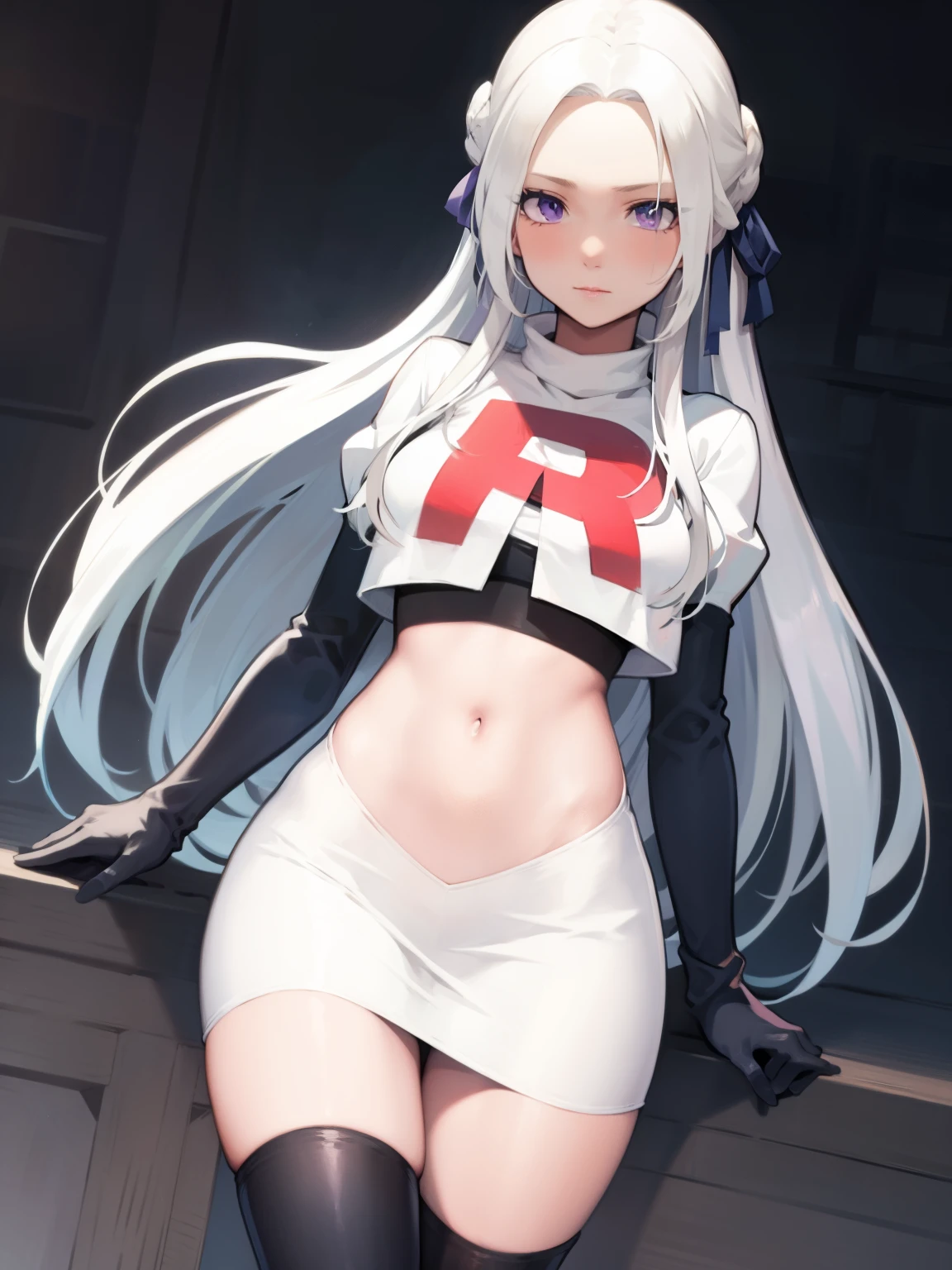 edelgard_academy, hair ribbon, long hair, white hair, purple eyes, glossy lips ,team rocket uniform, red letter R, white skirt,white crop top,black thigh-high boots, black elbow gloves, looking at viewer, cowboy shot