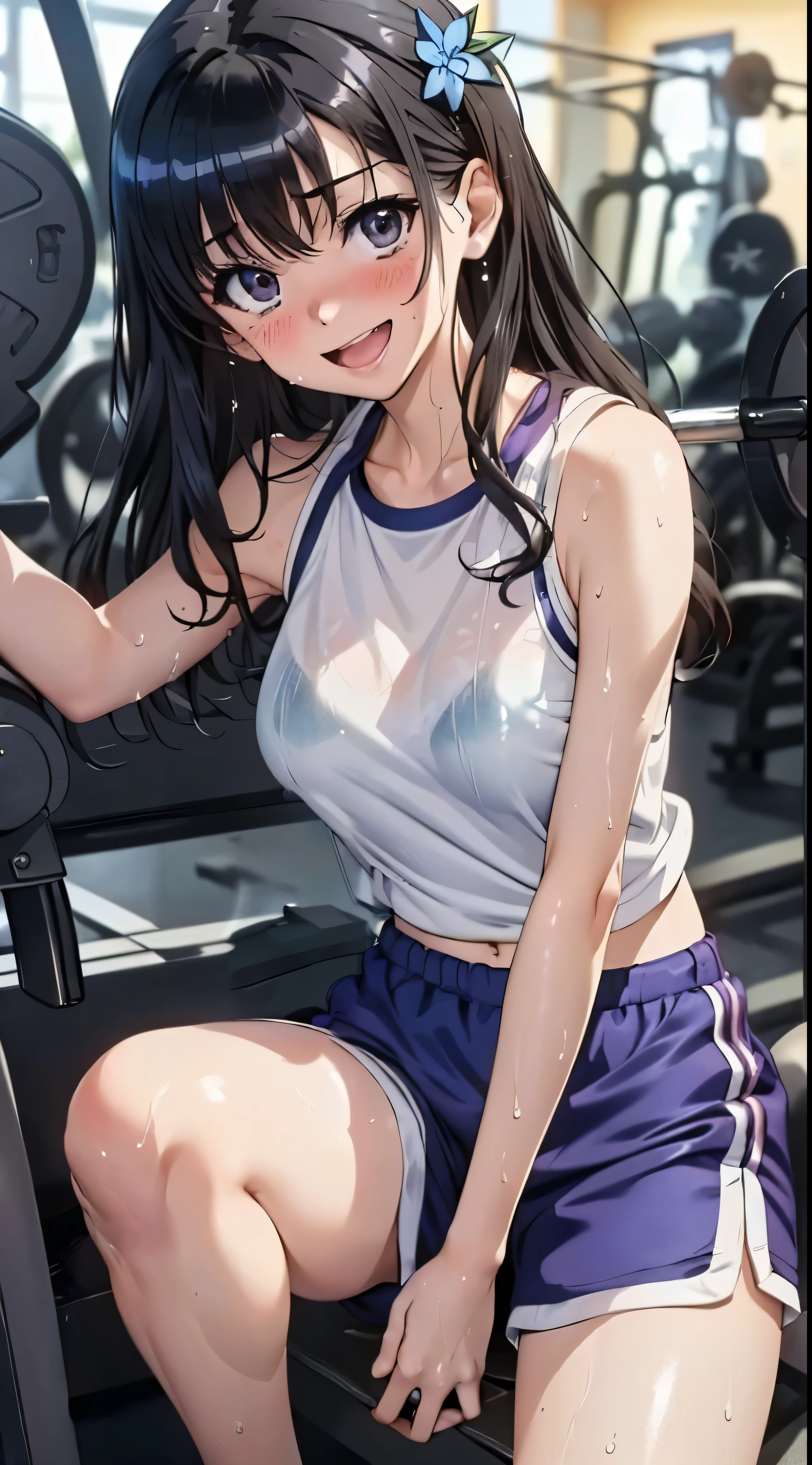 1womanl,Black hair,14years ,(()),Beautiful breasts,(((Sexy white and blue shiny gym clothes and shorts)))(())(((Blushing cheeks、Smile with open mouth)),(((Satin Narico))),((( portlate))),Crowds,Shiny white and blue gym clothes and shorts,Wet with sweat