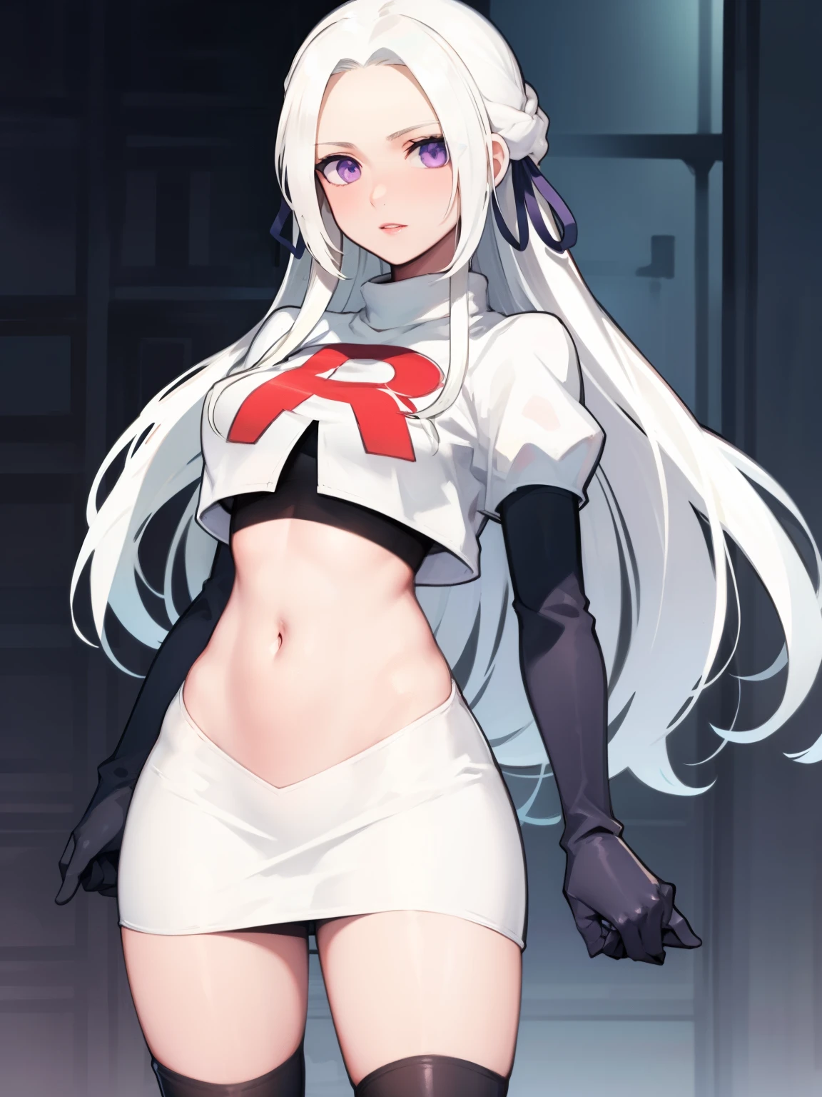 edelgard_academy, hair ribbon, long hair, white hair, purple eyes, glossy lips ,team rocket uniform, red letter R, white skirt,white crop top,black thigh-high boots, black elbow gloves, looking at viewer, cowboy shot