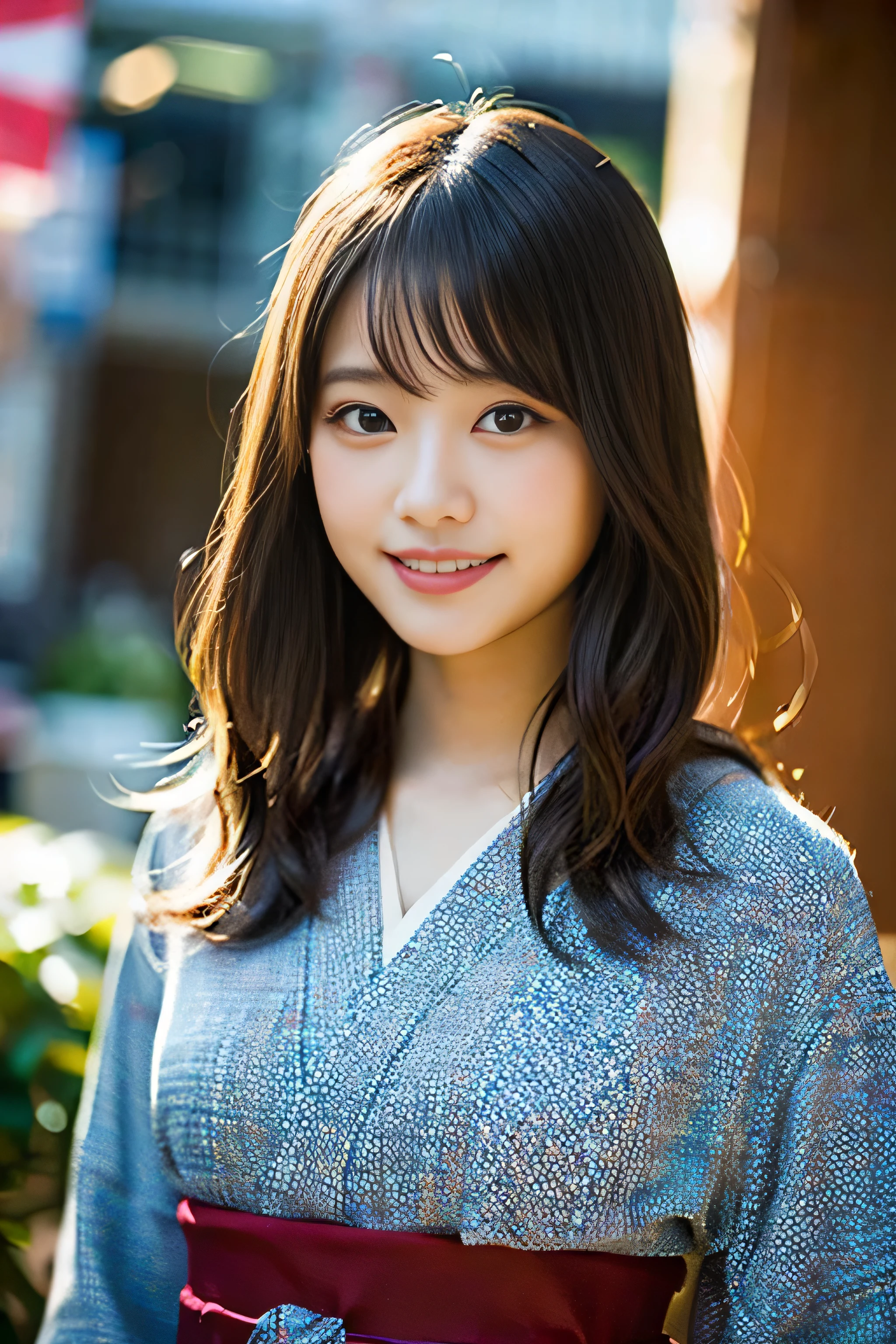 (8K、Raw photography、top-quality、masterpiece:1.2)、(realisitic、Photorealsitic:1.37)、ultra-detailliert、超A high resolution、1人、see the beholder、beautifull detailed face、A smile、Constriction、(Slim waist) :1.3)、Beautiful detailed skin、Skin Texture、Floating hair、Professional Lighting、Whole human body、Longhaire、Japanese Yukata、Bob Hair、E-cup、Happy smile、sixteen years old、Red ribbons、a baby face、Childish smile、Suppin、Moisturizing lips、Thin pink lips、shrines、Mystical