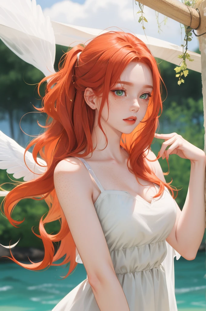 a beautiful redhead with long wavy hair, light green eyes, accentuated lips, freckles on her face, angelic look, very beautiful,
