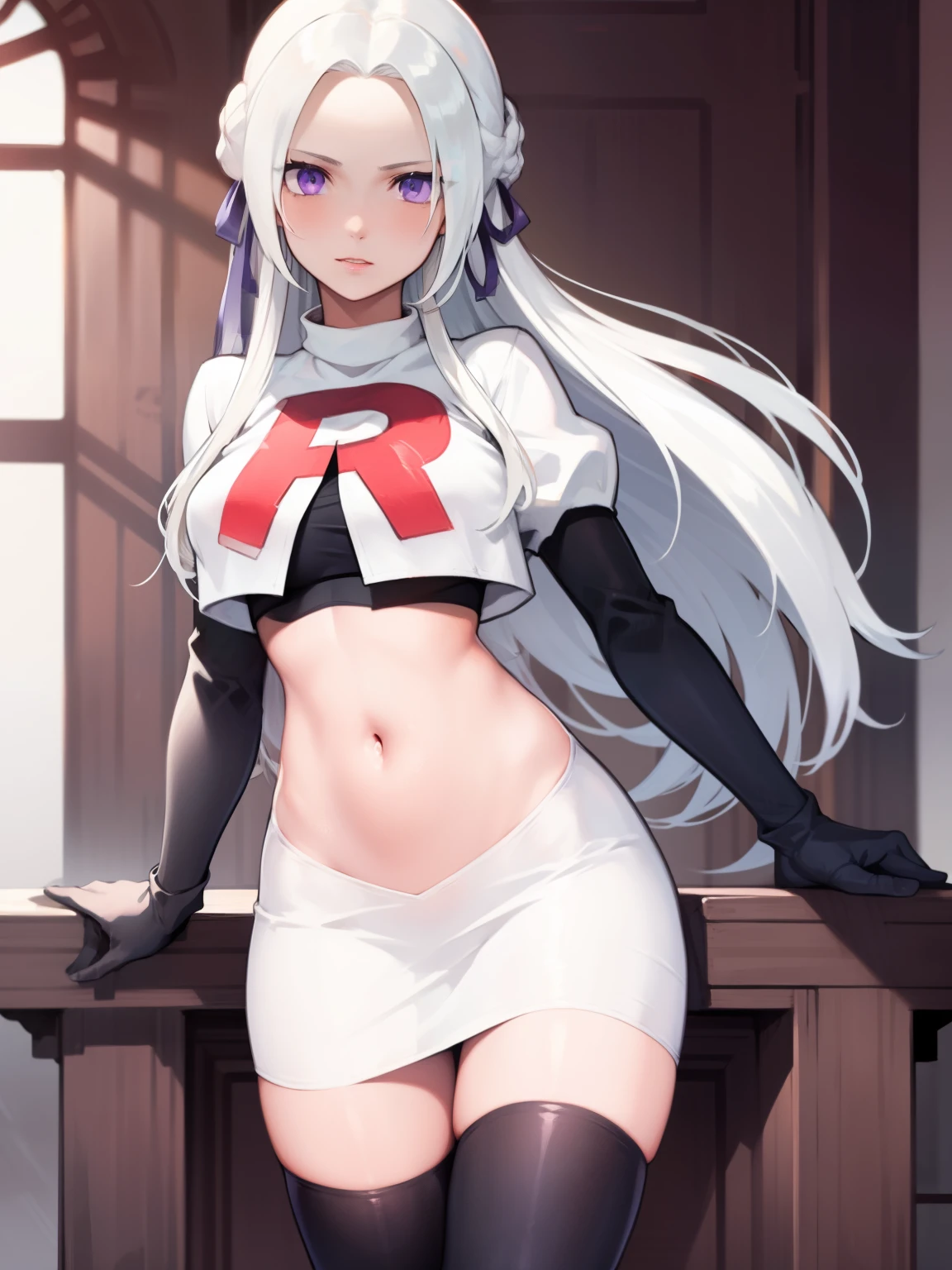edelgard_academy, hair ribbon, long hair, white hair, purple eyes, glossy lips ,team rocket uniform, red letter R, white skirt,white crop top,black thigh-high boots, black elbow gloves, looking at viewer, cowboy shot