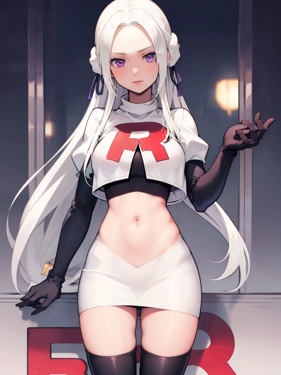 edelgard_academy, hair ribbon, long hair, white hair, purple eyes, glossy lips ,team rocket uniform, red letter R, white skirt,white crop top,black thigh-high boots, black elbow gloves, looking at viewer, cowboy shot