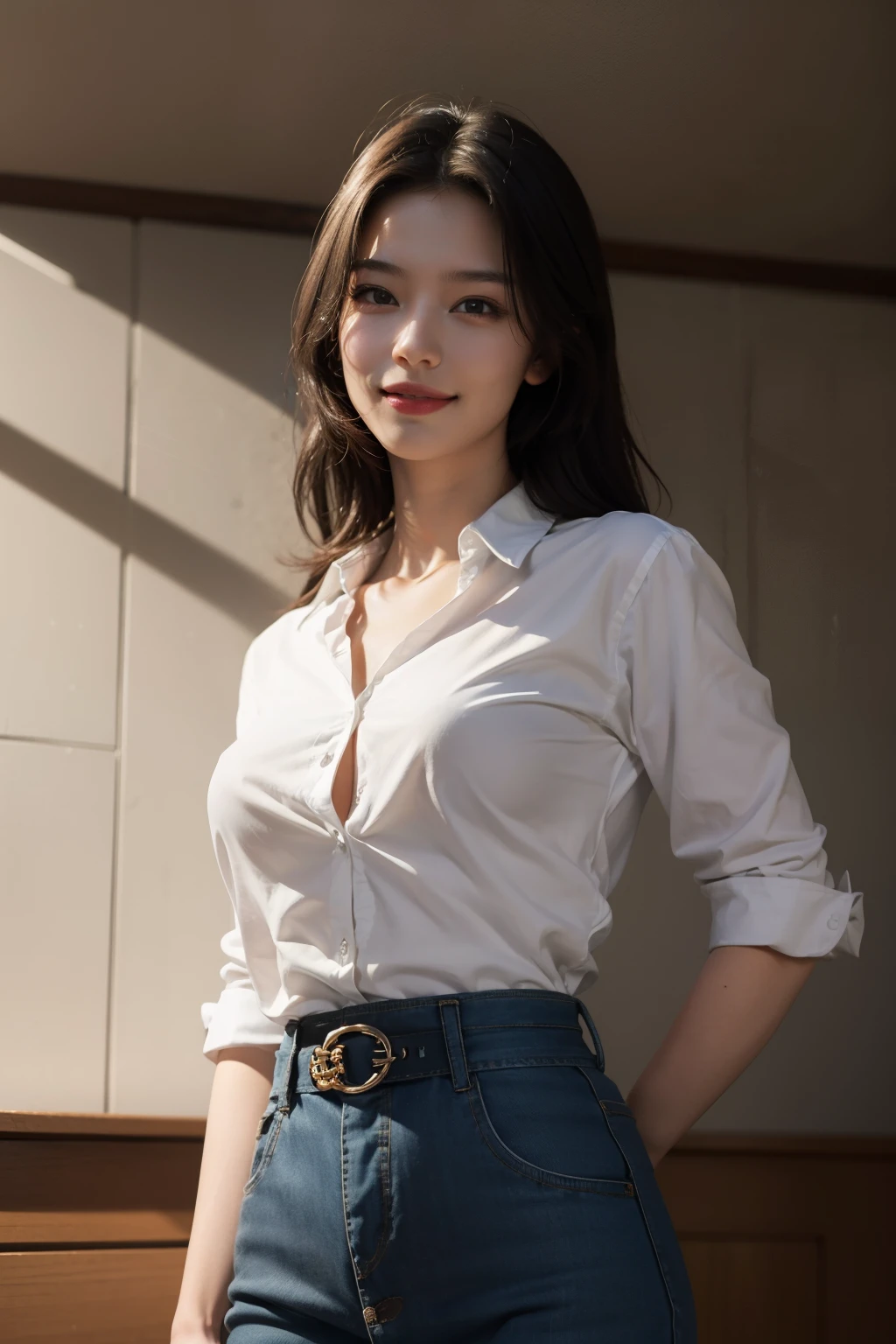 best quality, masterpiece, (photorealistic:1.4), 1girl, light smile, shirt with collars, waist up, dramatic lighting, from below