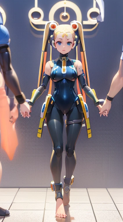 (masterpiece), Best quality, 8k,4k, (High resolution:1.4), blonde hair, long hair, blue eyes, android, robot ears, twintails, small breasts, gloves, (((bodysuit))), (((((barefoot))))), (feet), (((feet focus))), 1girl, (((foot fetish))), (((full body)))