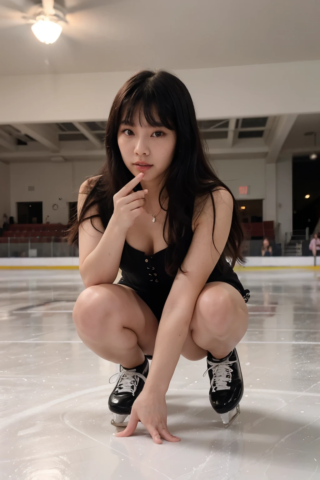 jennie kim from blackpink with big black eyes, rosy nose and cheeks and long black hair with bangs, selfie on ice skating rink