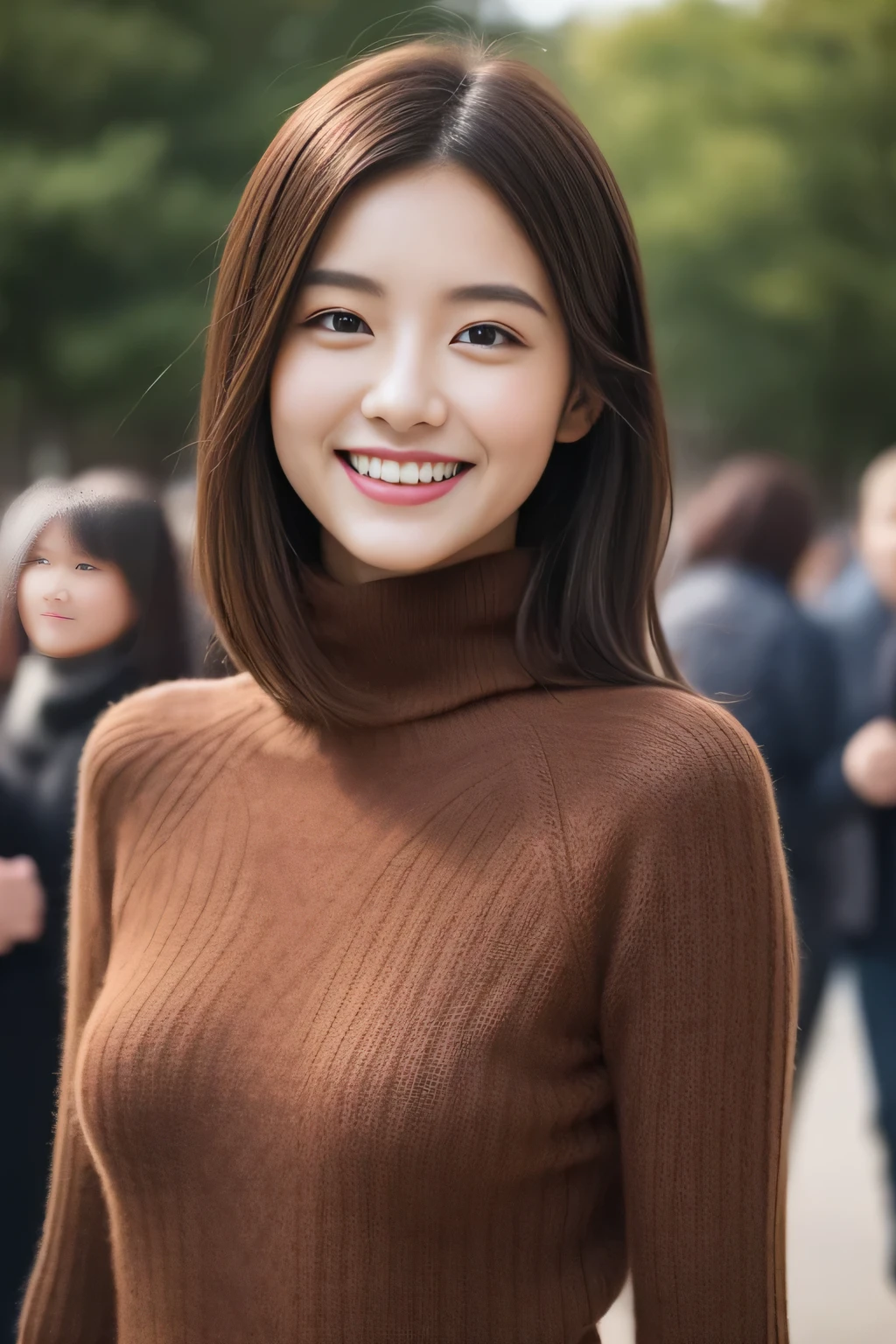 The face is a hostess、wool turtleneck sweater、hiquality、A hyper-realistic、healthy、Smiling expression、Slender perfect figure、Japanese beauty ace perfect、Beautiful skin、In the crowd、The upper part of the body