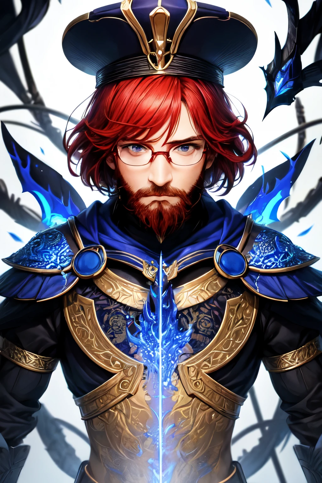 Close-up photo of a glass man, intricate detials, whitebackground, transparent body, visible veins, Wire, Highly detailed, cap, upper-body, Breathtaking, Sharp focus, The Art of Glass, red and blue, intricate detials, terrible, Most Beautiful Form of Chaos, avatar, ember, red hair, eyeglasses, beard, royal person, emperor