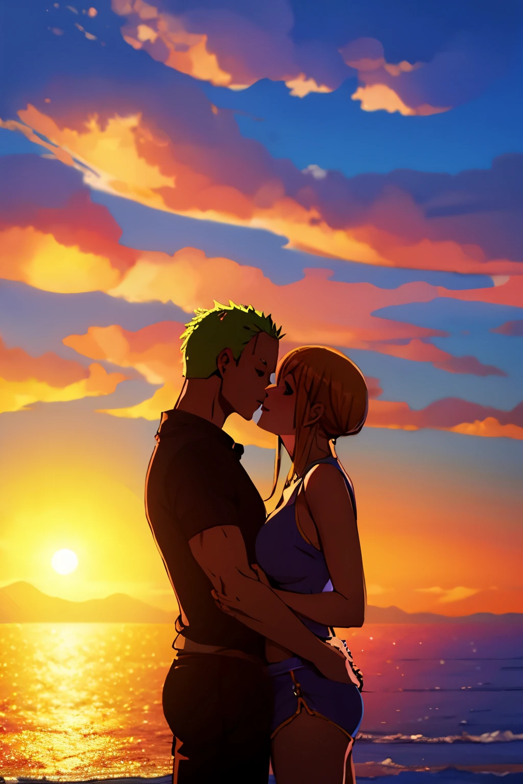 Zoro y Nami, Full HD, kissing apasionado, cielo estrellado, alta calidad, 8k