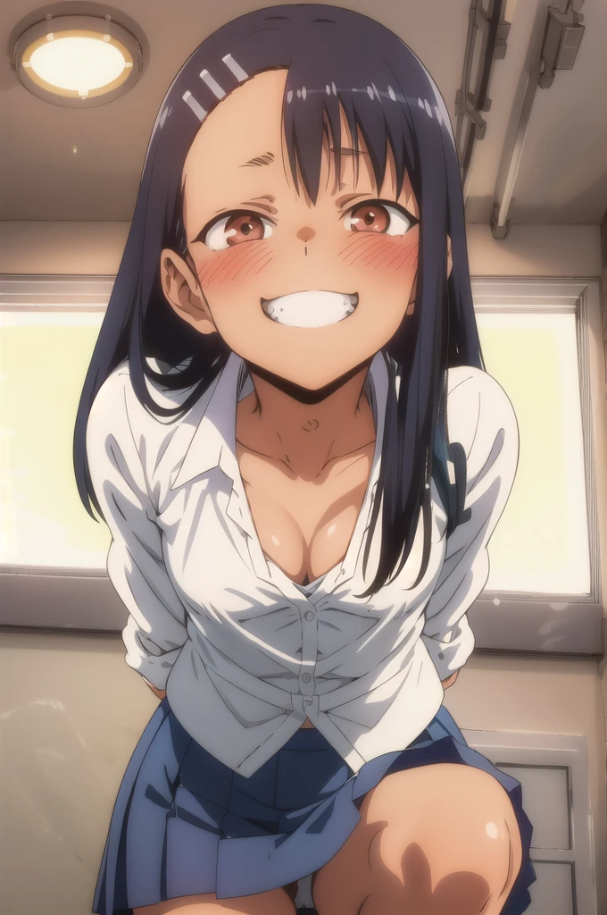 nagatoro hayase, blue skirt, cleavage, small breasts, (from below:1.2), bent over, grin, blush, best quality, masterpiece, perfect lighting, arms behind back,