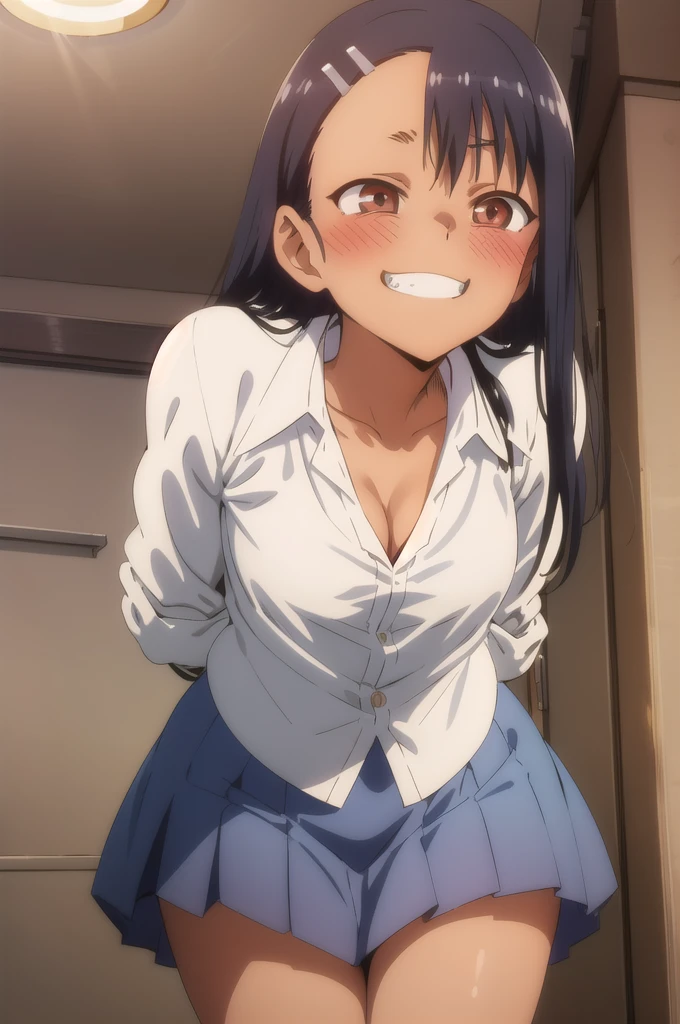 nagatoro hayase, blue skirt, cleavage, small breasts, (from below:1.2), bent over, grin, blush, best quality, masterpiece, perfect lighting, arms behind back,