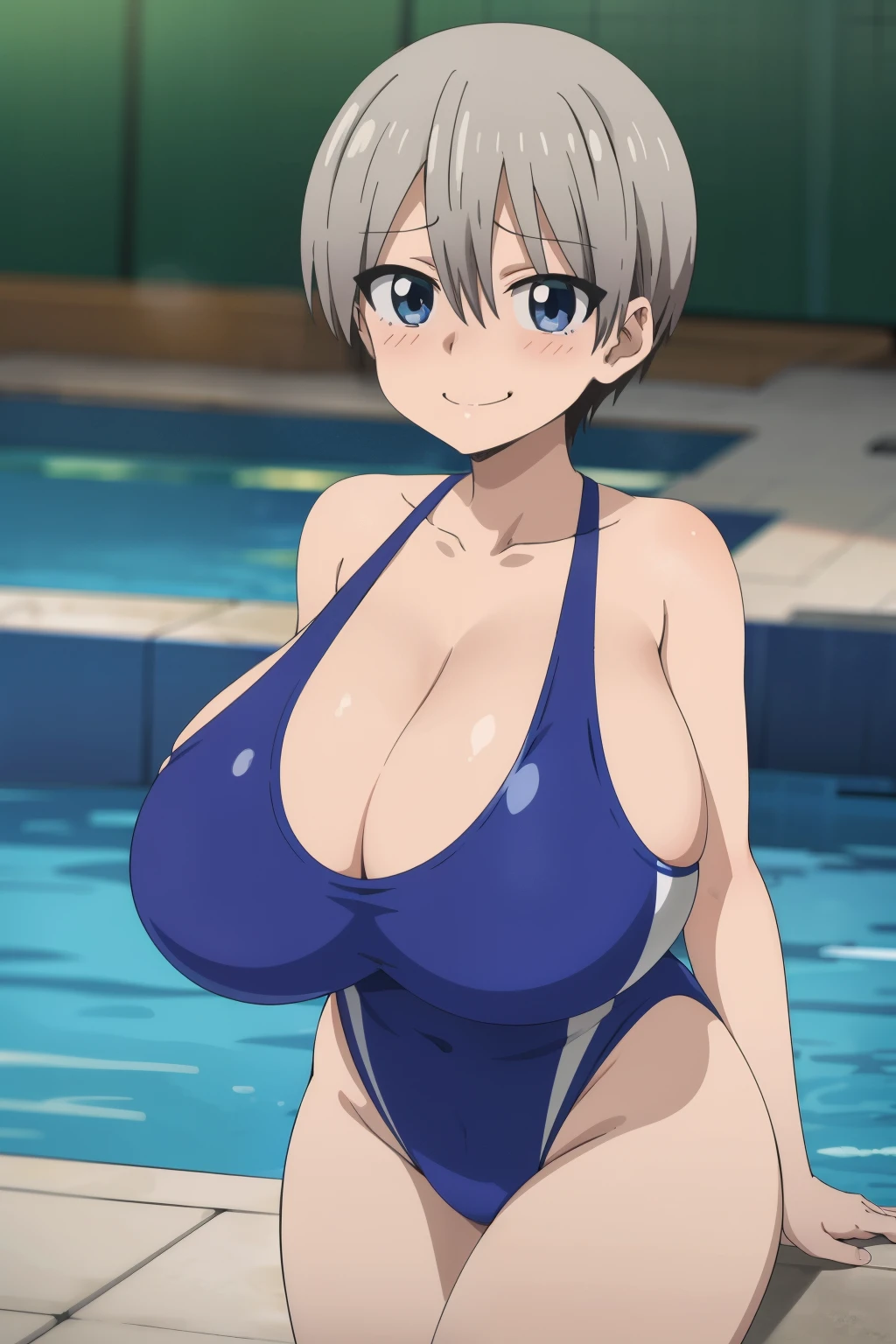 best quality, high resolution, pool,1girl, (huge breasts:1.2), semi-loeg hair, blue competition swimsuit, blue eyes, bangs, fang, grey hair, hair between eyes, blush, embarrassed, smile, closed mouth, looking at viewer, cowboy shot