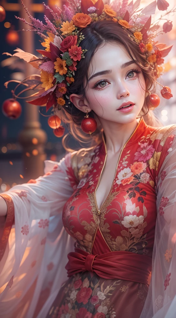 wide wide shot,Expansive night sky,new year,(A grand fireworks display),a beautiful elf queen,Spring dress,having fun,red tint,Golden wire,Flower embroidery,(best quality,4k,highres,masterpiece:1.2),ultra-detailed,(realistic,photorealistic,photo-realistic:1.37),