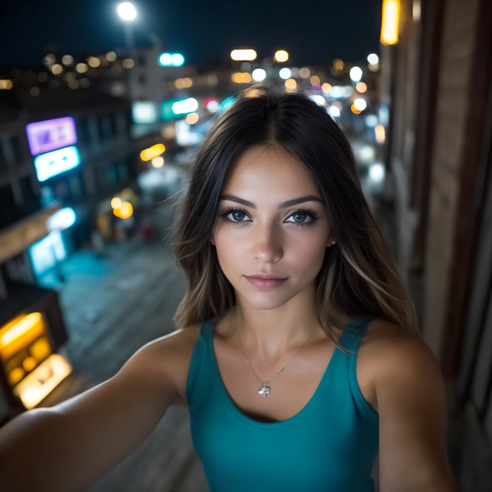 a 15 year old Caucasian girl, 1.65 tall, 65 kg mast, master masterpiece, topless, BSET quality, ultra-high definition, (taking selfies, overhead view: 1.4), (straight half of the torso: 1.4), Portrait photo of a 15-year-old french girl in RAW UHD format (Blue-eyed woman) Walk down the dark alley, night city, Details (textures! , Hair! , glistering, Color!! , imperfections: 1.1), highly detailed glossy eyes (looking at the camera), DSLR Lighting, SLR camera, Ultra-Quality, sharpness, Depth of field, (Downtown), Fujifilm XT3, Crystal clear, Frame Center, beautiful face, sharp-focus, street lamp, neon lighting, bokeh (dimly lit), night time, (night sky), detailed skin pores, oilily skin, suntan, Complex eye details