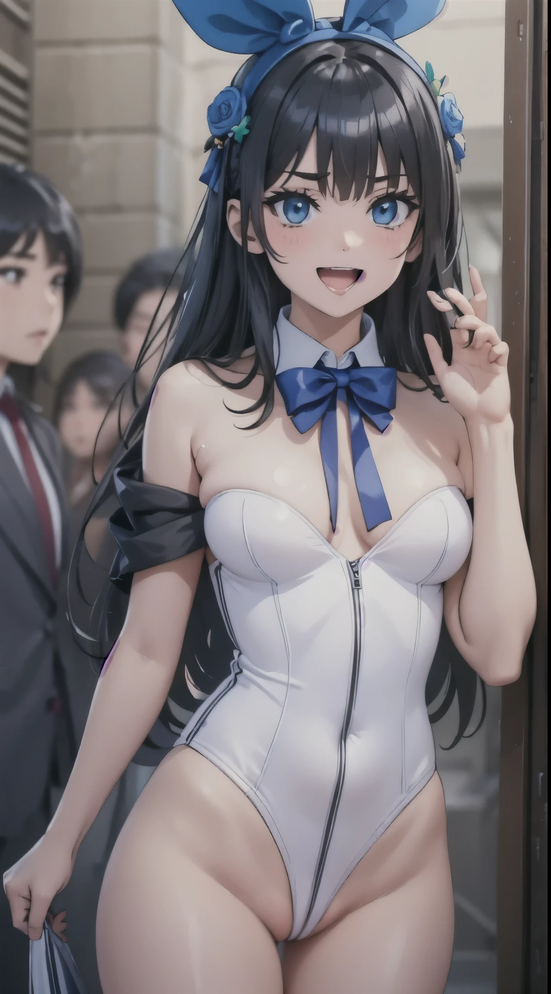 1womanl,Black hair,14years ,(()),Beautiful breasts,(((sexy white and blue shiny bunny suit)))(())(((Blushing cheeks、Smile with open mouth)),(((Satin Narico))),((( portlate))),Crowds,white and blue bunny suit,