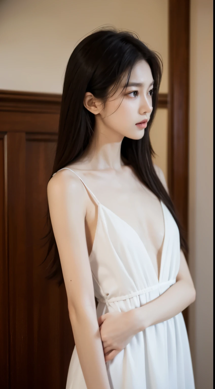 (Photorealistic),(Masterpiece),(ultra-detailed),a shot of very beautiful and tall but so delicate and weak and thin and fragile because she hasn’t eaten for a month,wearing a baggy white silk dress ,have absolutely no fat or muscles, quite tall but very small and feeble and fragile body frame,enduring extreme hunger,big eyes and very small face,about to faint but resisting,extremely severely malnourished