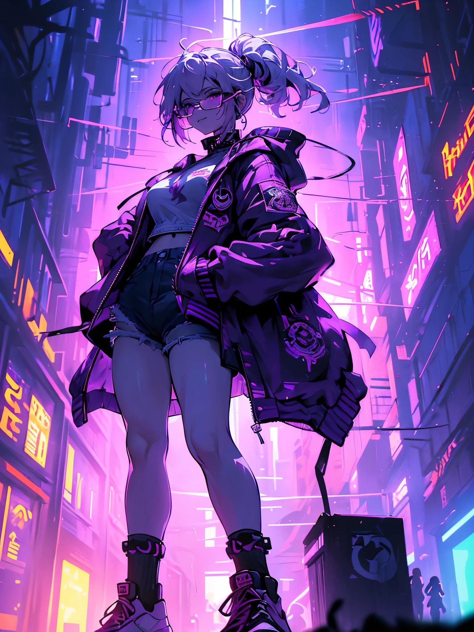 a demon girl with CYBERPUNK ornaments, glasses half hanging on her face, long cyberpunk hair, white hair, thick lips, demonic smile, (((wearing a purple cyberpunk jacket, white high-top sneakers with socks, denim shorts))), small breasts round, big booty, strong thighs, {extremely detailed 16k CG unit wallpaper}, expansive landscape photography, (a low view with focus on the character, and setting), (wide view of open field), (photo low angle), (high light: 1.4), (low light: 1.4), (warm light source: 1.5), complex details, (iridescent colors: 1.4), (bright lighting), (atmospheric lighting), Dreamy, single,