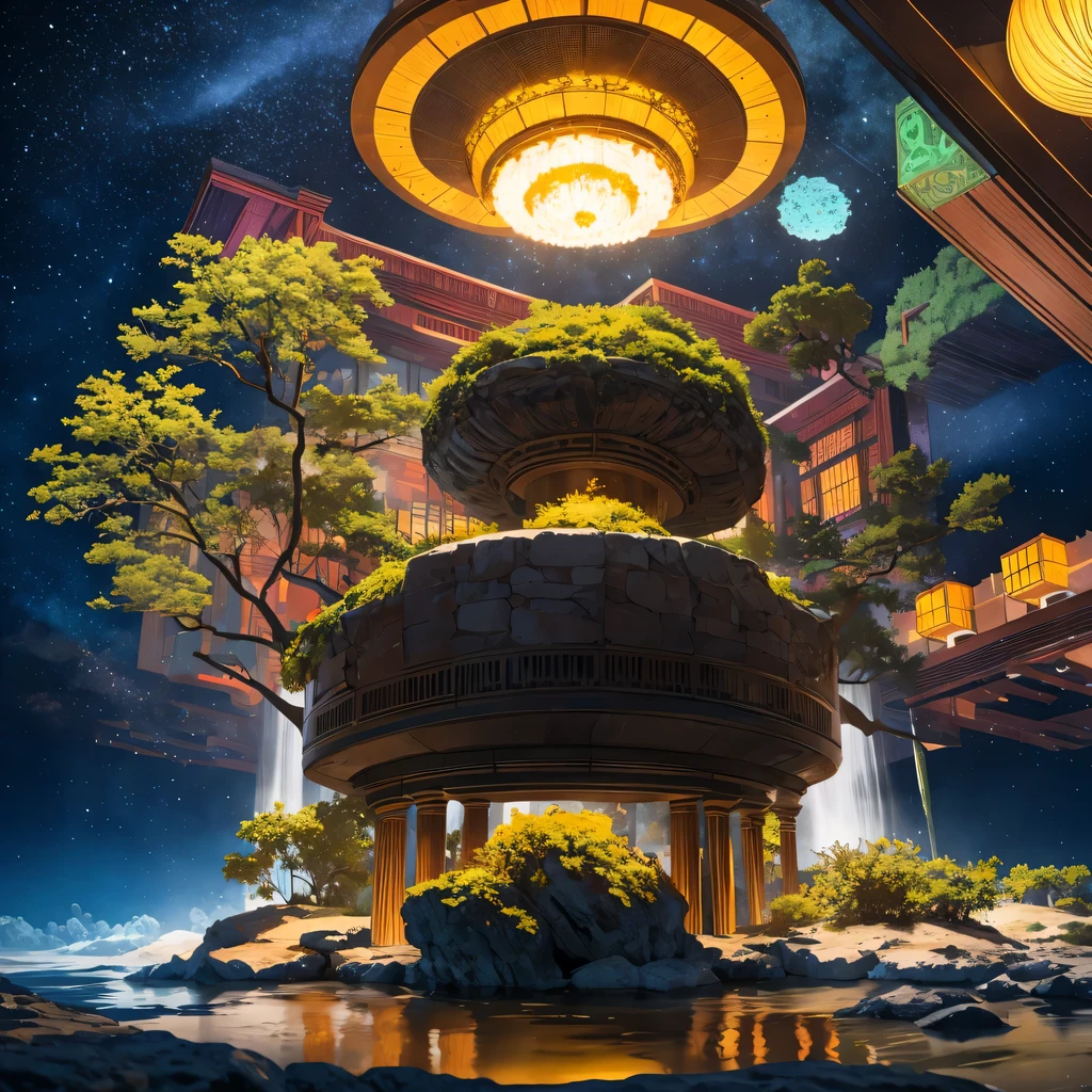 Alien Hexagonal Base (very detailed nipples) In a hexagonal mountain oasis,There are several hexagonal exhaust fans and chimneys, some neon lights projecting from the base,Light up the dark night), There are some clouds in the night sky, Some surrounding planets provide air to unknown planets,The most remote giant hexagonal volcano erupts,the rainforest