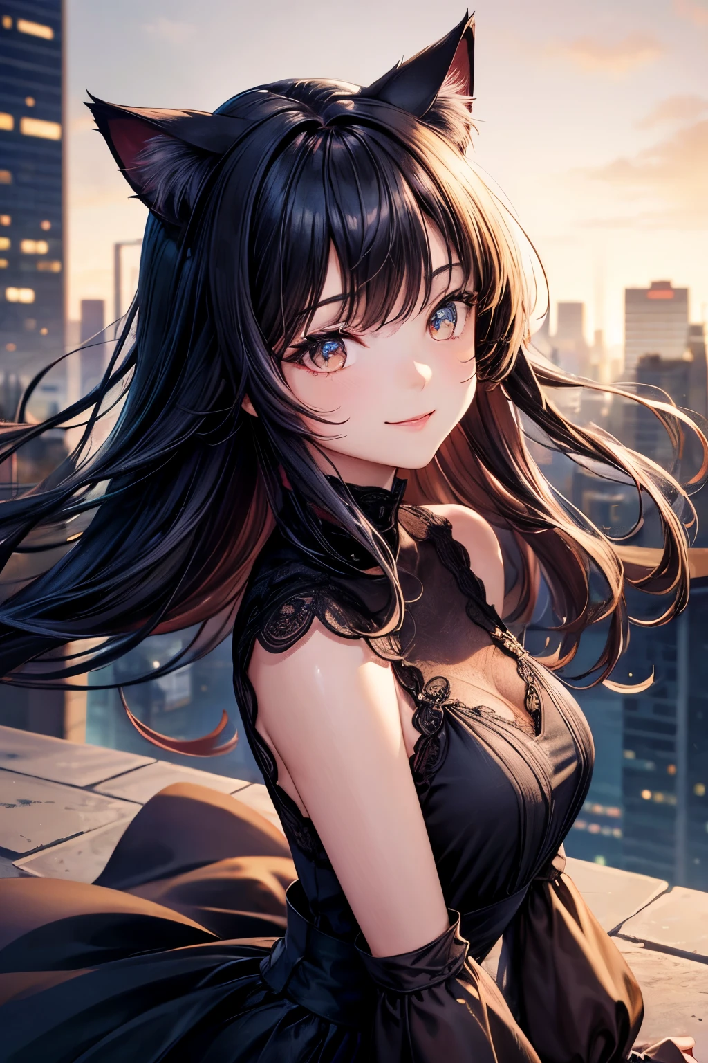 of the highest quality, High resolution, The perfect human structure, Background Focus, Cat ears, Front view, Glowing hair, Black hair, city, Gradient Eyes, swept bangs, Front Angle, Dress, Smiling,
