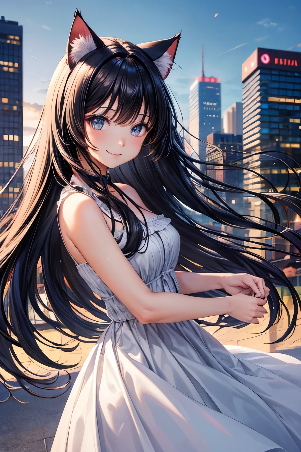 of the highest quality, High resolution, The perfect human structure, Background Focus, Cat ears, Front view, Glowing hair, Black hair, city, Gradient Eyes, swept bangs, Front Angle, Dress, Smiling,