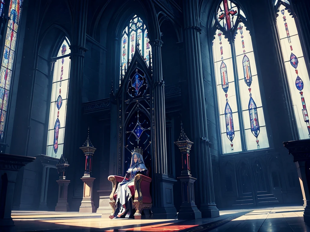 eerie queen sitting regally with a blade resting on her lap, from side, from below | low angle, dutch angle, throne room, stained-glass window at the back, tall archways, raised throne on raised platform, throne on dais, lightrays coming through the windows, back lighting