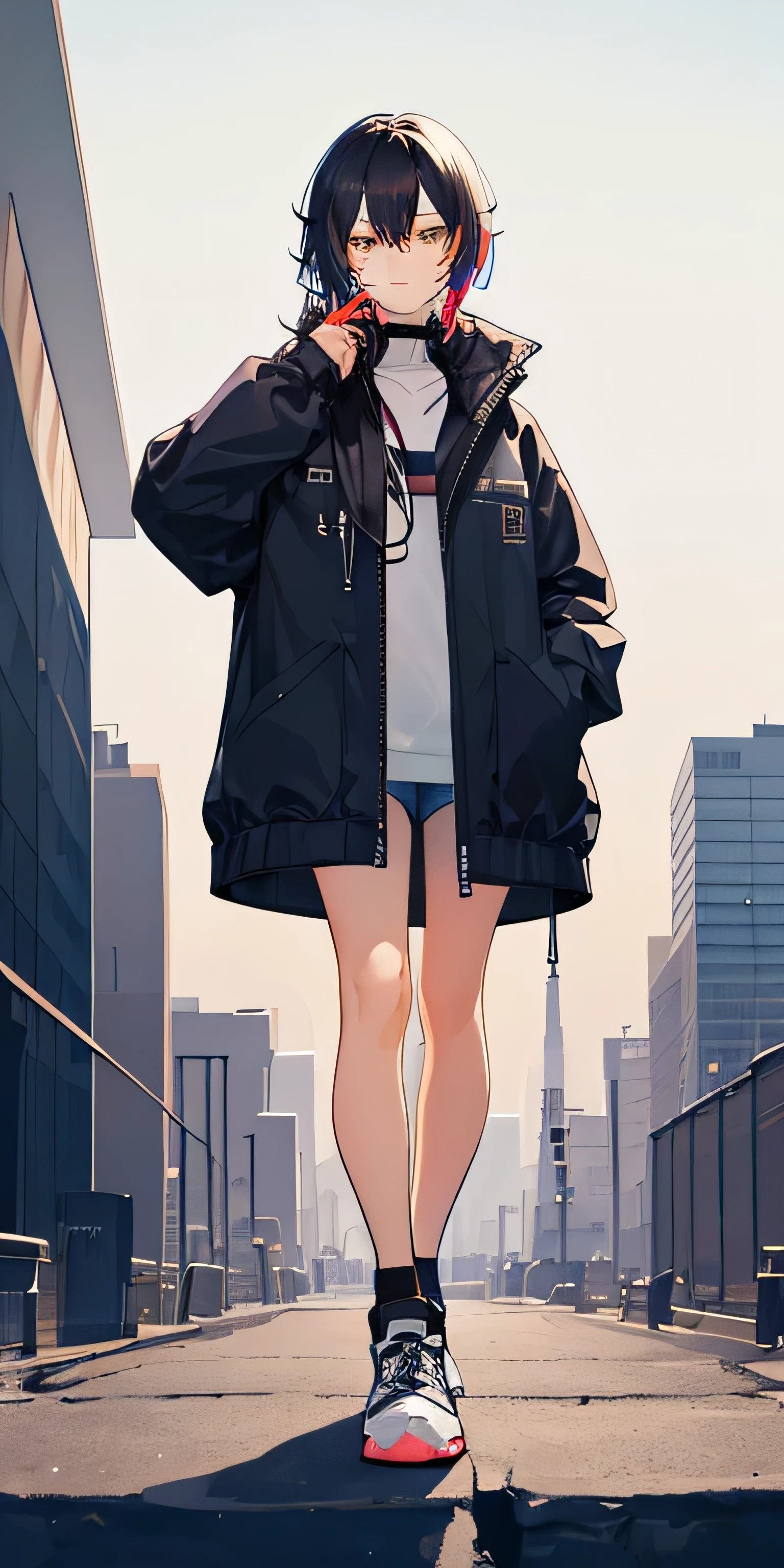 1girl, Alone, girl, (black color hair颜色头发), (Colored inner hair, black color hair), with long coiled hair, asymmetrical sidelocks, with a loud bang,He was nailed back., hair pin, Brown eyes,Cheerful personality, middling, collars, upper legs带, Denim trench coat, short- sleeved, Shorter ones ,lace hose, jaket, big jaket, upper legs, Abs, (hands in a pocket), nightcity, cyber punk personage, Colorful, The beautiful, , ttmasterpiece, Best quality, 4K,Positive point of view,Complete set of basic sneakers,Hair over the shoulder,hyper HD,A high resolution,tmasterpiece,distribution of shawls。