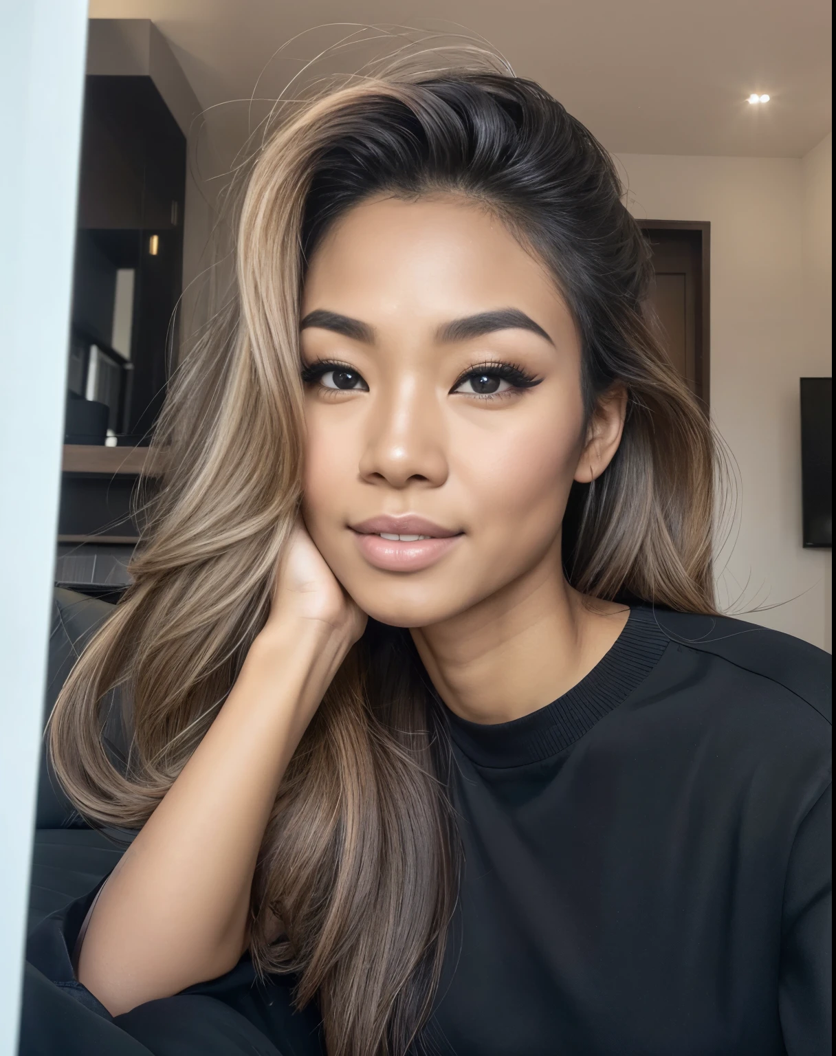 Young Thai woman, Fit physique, fitness physique, wearing sexy black lingerie sitting on the couch with legs open, corps sexy, (8k), (Best quality), (Masterpiece:1.3), (Realstic), (photoreallistic:1.34), Ultra-detailed, [beautiful detailed  eyes], (sourire), (sourire), (beautiful nose detailed), [very long blonde hair], (haut court), lingerie noire, (superbes seins taille normale), (gros plan), profondeur de champ, full body view, sitting on sofa, legs spread, showing crotch, pieds en l'air
