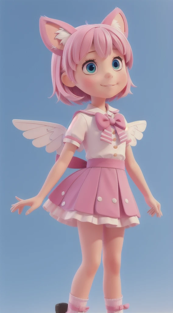 skistyle, 1girl, solo, pink hair, animal ears, blue eyes, wings, looking at viewer, mole, bangs, short hair, bow, sailor collar, simple background, white sailor collar, mole under mouth, hair bow, pink bow, closed mouth, shirt, white shirt, bear ears, bob cut, mini wings, grey background, portrait, detached wings, makeup, upper body, white background