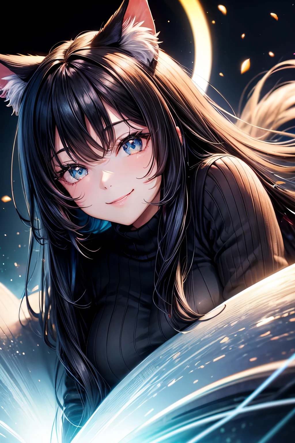 Top quality, high resolution, perfect human structure, background focus, cat ears, front view, glowing hair, black hair, living, gradient eyes, swept bangs, front angle, sweater, smiling,