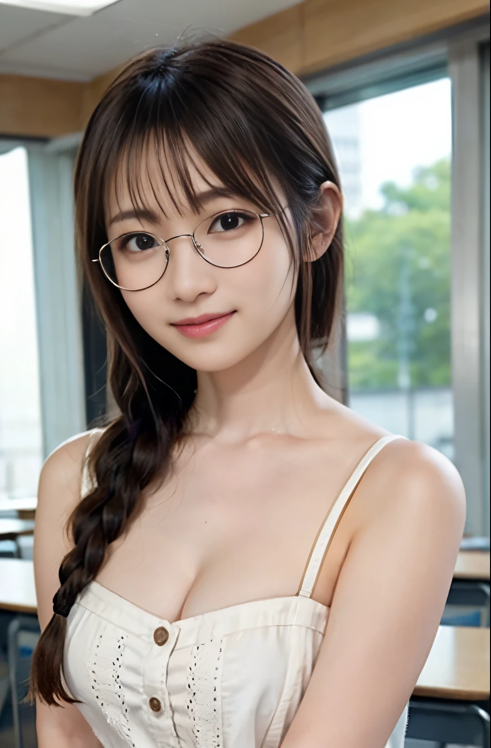 (8K、Raw photography、top-quality、tmasterpiece:1.2)、(hentail realism、with round face、Braids髪の毛、Braidsおさげ、Tanuki face、Round glasses、Metal frame Grasaig chest、Photorealsitic:1.37)、ultra - detailed、超A high resolution、1 rapariga、Braids、see the beholder、beautifull detailed face、A smile、zoomed out、(Slim waist) :1.3)、beautiful in white summer clothes, 、Skin Texture、Floating hair、Braided hair、Professional Lighting、In the classroom、((black square glacier body zbian、Brown hair