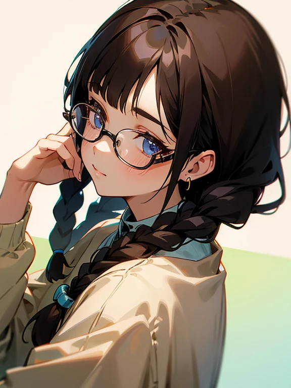 a young girl, glasses, braids, dark hair, looking back, earrings,rest own chin on own hand