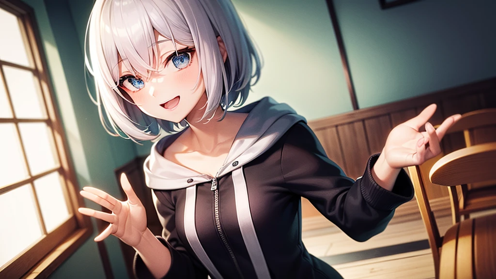 (masutepiece: 1.2, Best Quality), 1 Lady, Solo, silber hair,Shoulder out,Very short hair, long bangs between eyes, blue eyess,Black eyes, Hoodie,White hair, Silver hair, Hoodie, White hoodie、inside in room、sit a chair、A smile、open open mouth、5 fingers