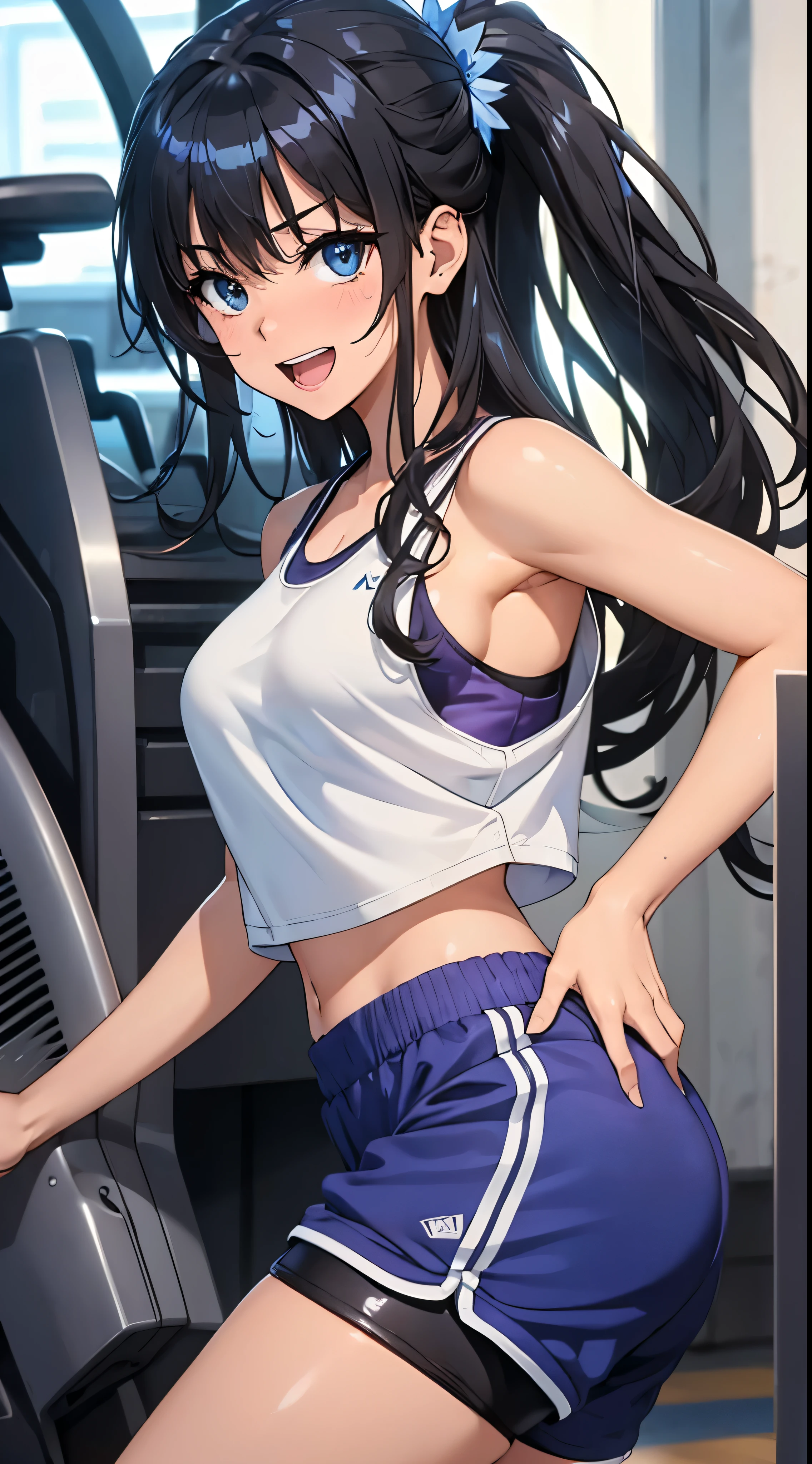 1womanl,Black hair,14years ,(()),Beautiful breasts,(((Sexy white and blue shiny gym clothes and shorts)))(())(((Blushing cheeks、Smile with open mouth)),(((Satin Narico))),((( portlate))),Crowds,Shiny white and blue gym clothes and shorts,Wet with sweat