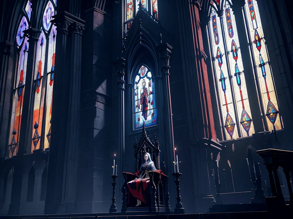 eerie queen sitting regally with a blade resting on her lap, from side, from below | low angle, extreme dutch angle, throne room, stained-glass window at the back, tall archways, raised throne on raised platform, throne on dais, lightrays coming through the windows, back lighting
