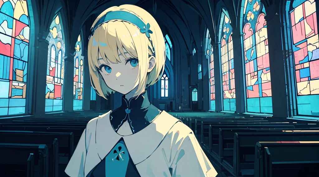 (sister, blonde hair, very short hair, kawaii), (abandoned church, blue stained glass), (low contrast, flat color, limited palette)
