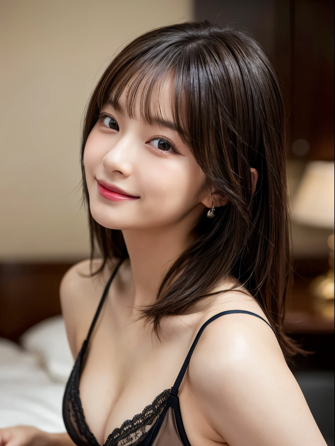 (8k, RAW photo, best quality, masterpiece, ultra detailed, beautiful:1.2), (realistic, photo-realistic:1.5), sharp focus, SIGMA 85mm f/1.4., depth of field, blur background, bokeh, cinematic, soft light, cinematic
extremely cute 1 Japanese actress, 22 years old, detailed pale skin, detailed face, detailed brown eyes, seductive naughty smile, looking at viewer, looking up,(extremely close up, leaning forward: 1.3), black hair, cleavage, t-shirt lift, lingerie ,bottomless, sexy pose, cozy modern room