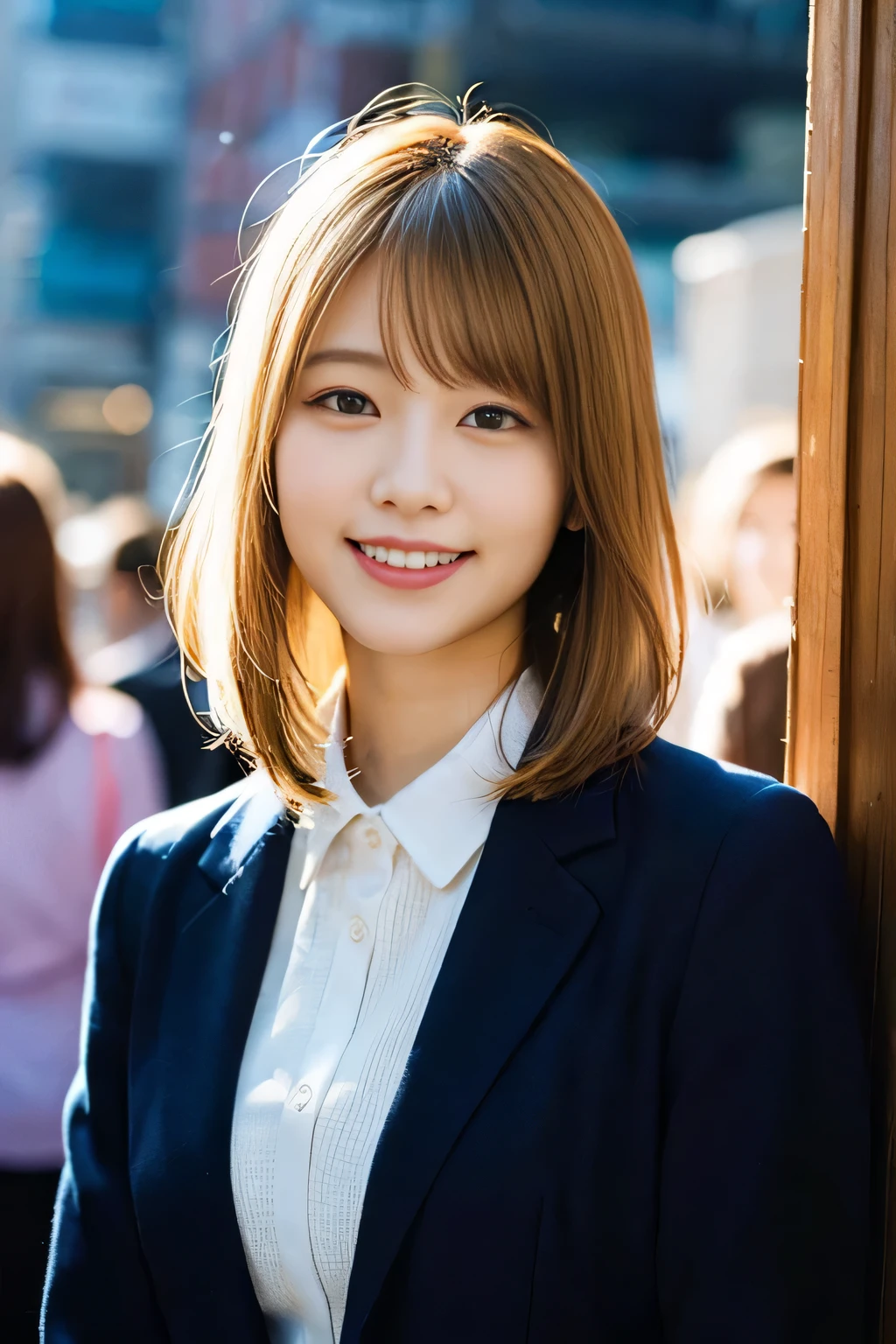 (8K、Raw photography、top-quality、masterpiece:1.2)、(realisitic、Photorealsitic:1.37)、ultra-detailliert、超A high resolution、1人、see the beholder、beautifull detailed face、A smile、Constriction、(Slim waist) :1.3)、Beautiful detailed skin、Skin Texture、Floating hair、Professional Lighting、Whole human body、Longhaire、a blond、日本のUniversityの制服、high school giller suit、Bob Hair、University、Happy smile