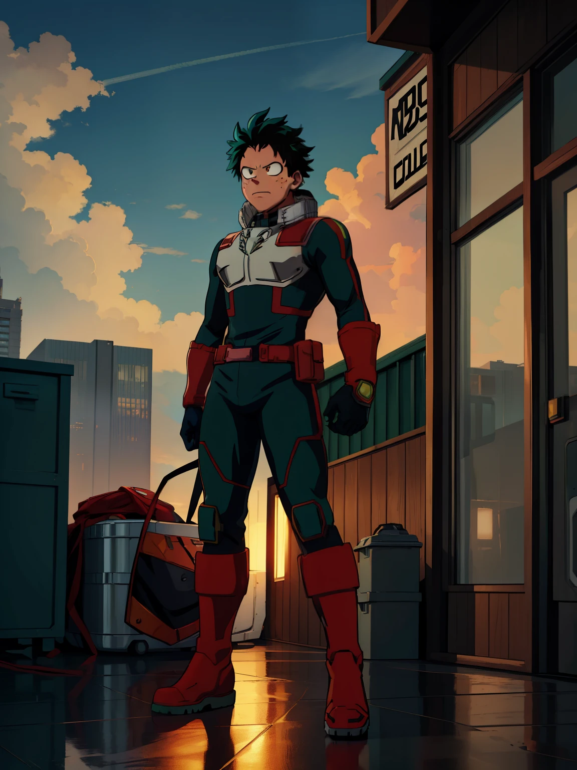 (((My Hero Academia Style))), 1boy, Midoriya Izuku, face covered, head covered, slim build, hero suit, full body hero suit, full body suit, dark green suit with a line of white color on the chest, red metallic elbow gauntlets with neon green light, red metallic knee boots with neon green light, red metallic helmet with eyes and neon green light details, head covered, face covered, (Photo Full Body:1.5), standing, standing pose, cowboy shot, cowboy shot pose, perfect anatomy, perfect hands, super detailed, sky background, sky and clouds background, clouds background.