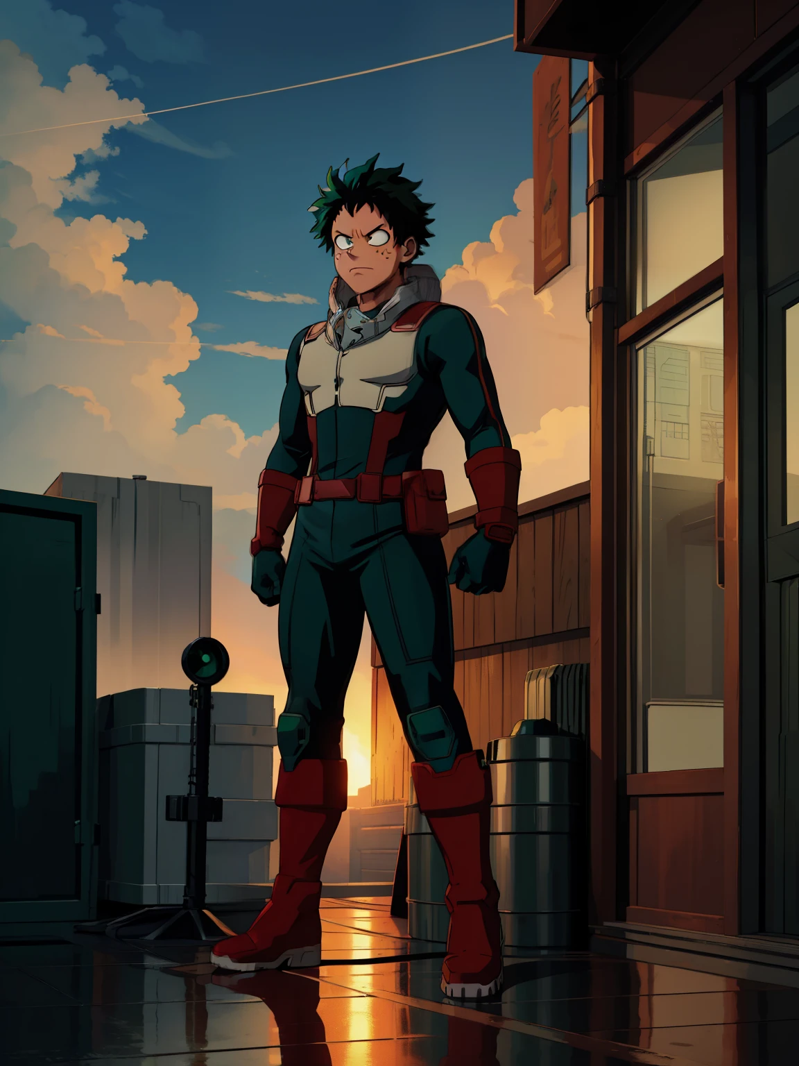 (((My Hero Academia Style))), 1boy, Midoriya Izuku, face covered, head covered, slim build, hero suit, full body hero suit, full body suit, dark green suit with a line of white color on the chest, red metallic elbow gauntlets with neon green light, red metallic knee boots with neon green light, red metallic helmet with eyes and neon green light details, head covered, face covered, (Photo Full Body:1.5), standing, standing pose, cowboy shot, cowboy shot pose, perfect anatomy, perfect hands, super detailed, sky background, sky and clouds background, clouds background.