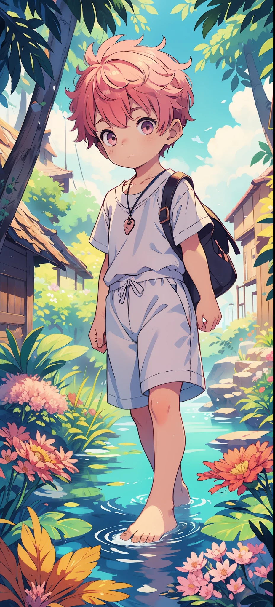 Little Shota walking in a sea of flowers with light pink hair and bare feet