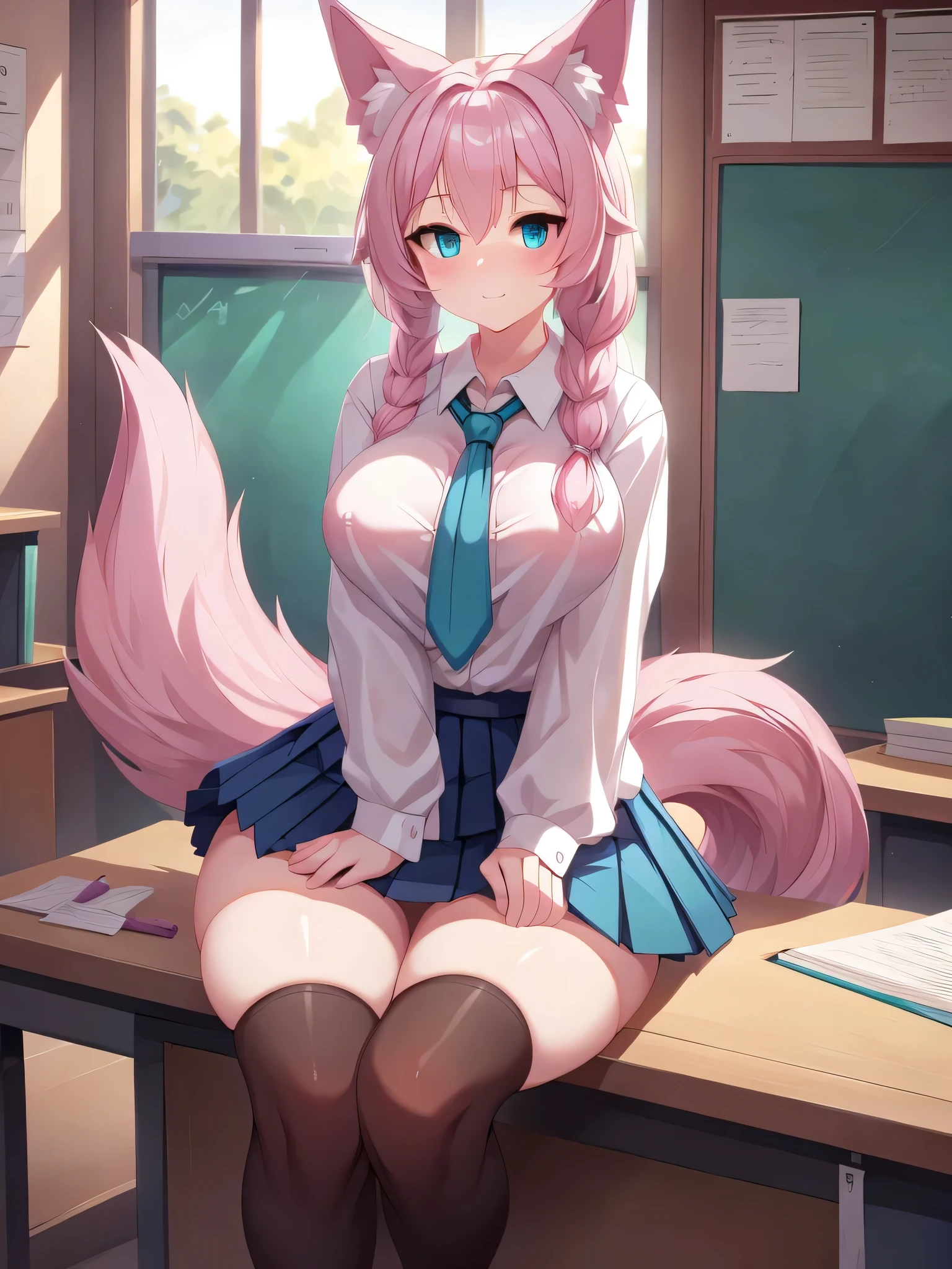 (Masterpiece) (High Detail) (High Res) a short petite humanoid girl with pale human skin, bright turquoise-coloured eyes, long pink hair in a braid and large fluffy pink dog ears and a big fluffy pink dog tail and average is wearing school uniform and is sat on the teacher's desk, wearing white blouse, pleated skirt, white thigh-high socks. Pink Hair. Pink Tail. She is sat on a school desk in a classroom.