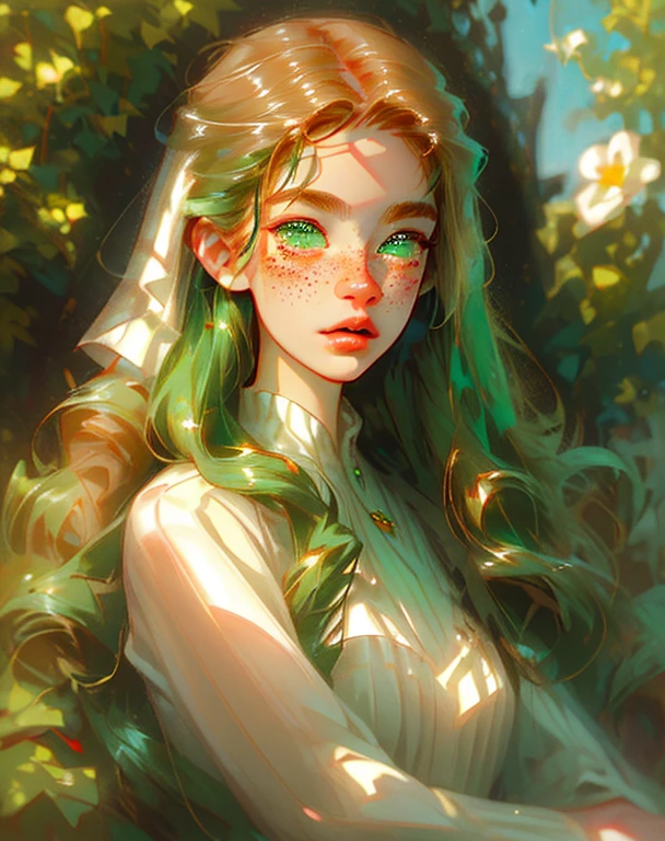 a beautiful redhead with long wavy hair, light green eyes, accentuated lips, freckles on her face, angelic look, very beautiful,