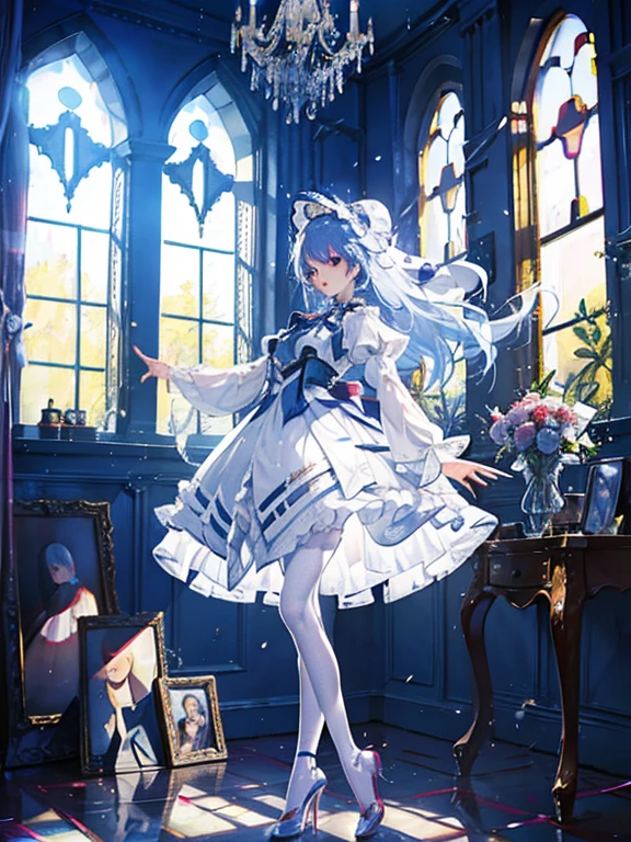 Best Quality, 1girl in, Rodres, White pantyhose,high-heels, Standing, Full body, Dancing, Indoors, in a castle, Luxurious decoration, vases, window, Sunshine