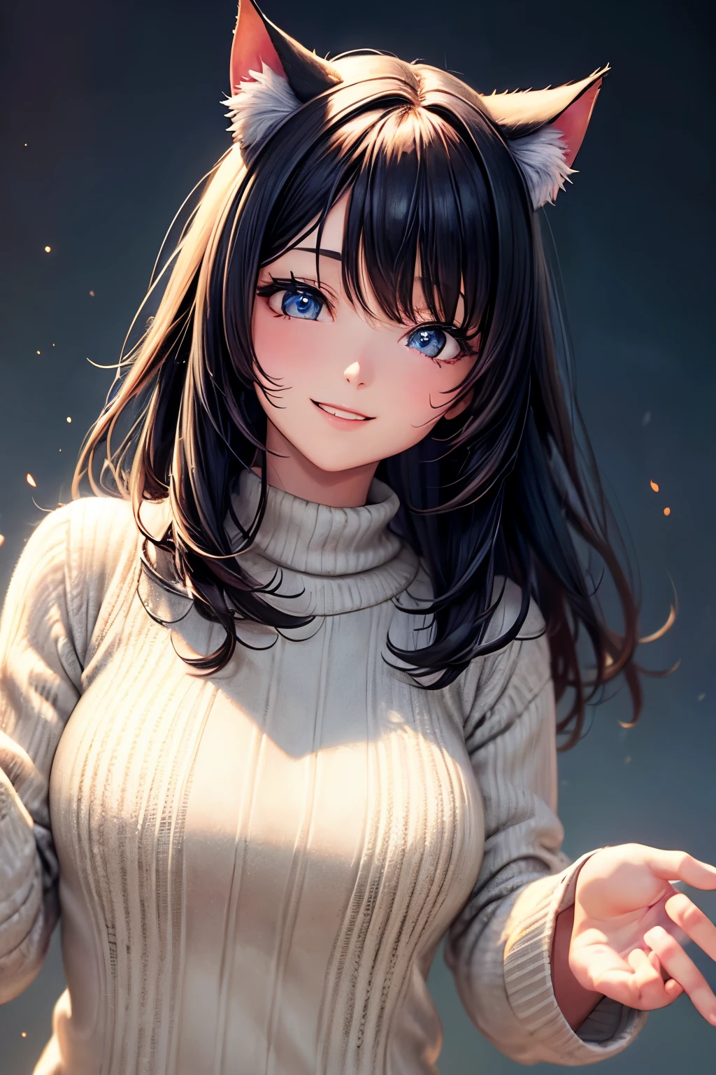 of the highest quality, High resolution, The perfect human structure, Background Focus, Cat ears, Front view, Glowing hair, Black hair, living, Gradient Eyes, swept bangs, Front Angle, Sweaters, Smiling,