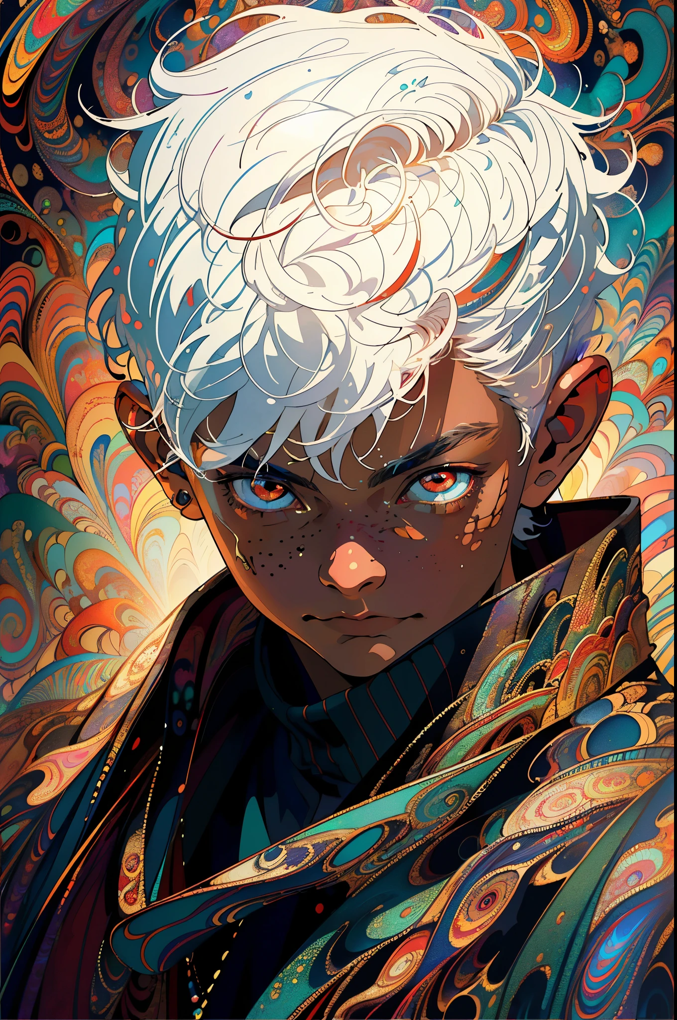 Realistic, (Masterpiece, Top Quality, Best Quality, Official Art, Beauty and Aesthetics: 1.2), Very Detailed, Fractal Art, Colorful, Most Detailed, Zentangle, (Abstract Background: 1.5) (1boy: 1.3), God, White Hair, Short Hair, (Glowing Red Eyes), Mysterious, (Magic), , Handsome Man, Egyptian Style