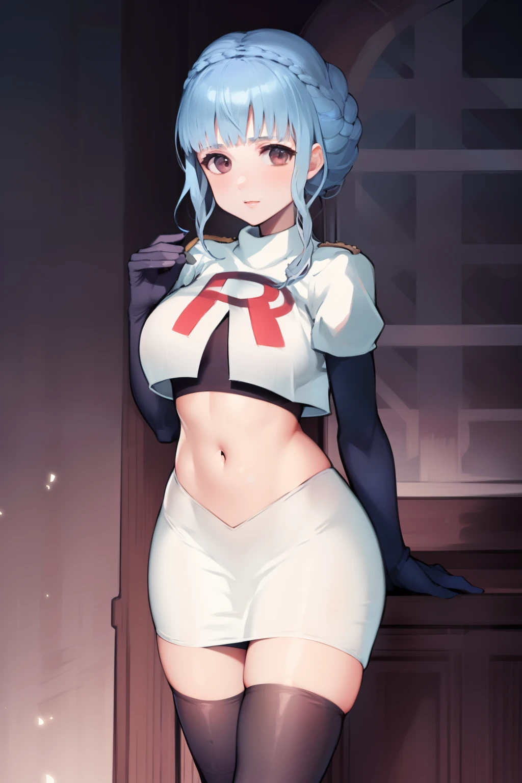 marianne von edmund, team rocket uniform, red letter R, white skirt,white crop top,black thigh-high boots, black elbow gloves, looking at viewer, cowboy shot, night sky background