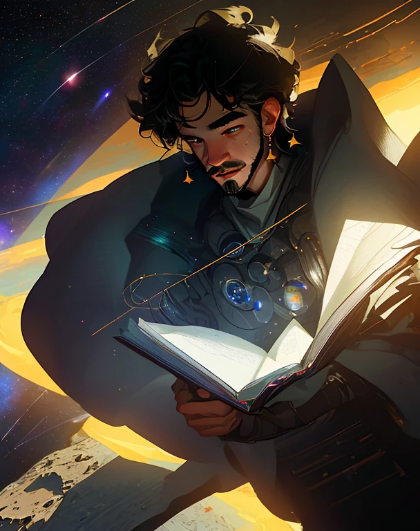 Desenhe um jovem programador, sitting on a research platform floating in the middle of an asteroid belt. He is studying with a notebook, surrounded by several asteroids glowing with fiery auras. Dramatic lighting from distant stars and planets illuminates the scene, projetando sombras profundas no terno. O jovem parece confiante e determinado, looking at the vast and mysterious universe with wonder and respect,facial hair, cowboy shot,