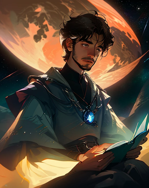 Desenhe um jovem programador, sitting on a research platform floating in the middle of an asteroid belt. He is studying with a notebook, surrounded by several asteroids glowing with fiery auras. Dramatic lighting from distant stars and planets illuminates the scene, projetando sombras profundas no terno. O jovem parece confiante e determinado, looking at the vast and mysterious universe with wonder and respect,facial hair, cowboy shot,