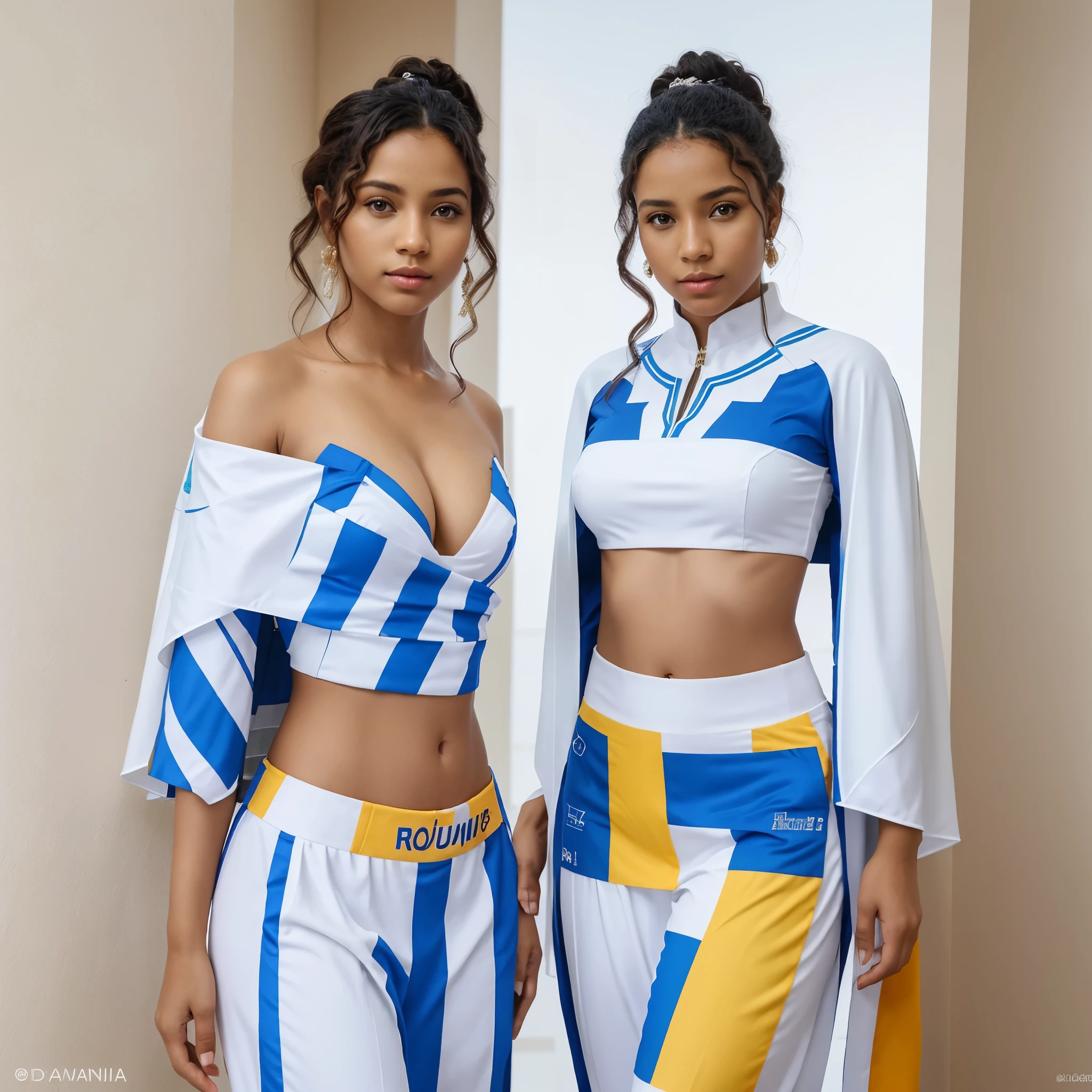 modelo SOLO, realista 8k,para Conjunto de roupa interior adultos homem mulheres. realista, imagens de escrito .C & V. With Cape Verde pattern that represents Cape Verde culture.Adicione mais elementos culturais de Cabo Verde. Fotografia ,插圖 ,Garment based graphic: Traje representativo da bandeira de Cabo Verde - azul profundo, branco, vermelho e dourado, com elementos tribais discretos, vision, plano completo, vista frontal, vista traseira, Estilo Art Vista de Corpo Inteiro ,Multiple views and poses, various points of view, de um corpo inteiro,design