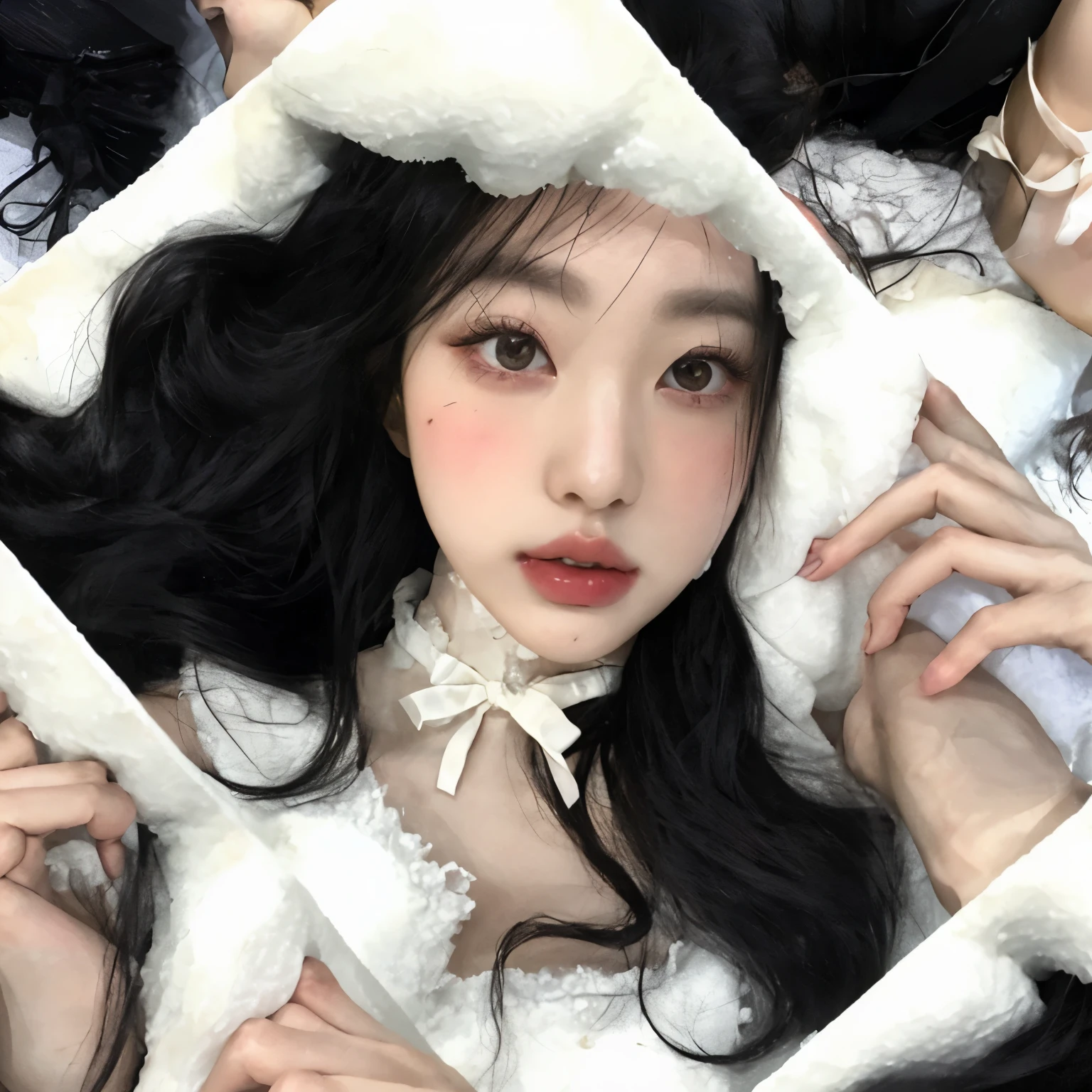 un primer plano de una mujer con un abrigo de piel blanco y un cuello blanco, ulzzang, Peinado blanco de corte hime, El Corte Hime, aesthetic!!!!!!!!!!, aesthetic cute with flutter, lofi girl aesthetic, Cabello negro Hime cortado, Retrato realista kawaii, goth girl aesthetic, tumblr, pale snow white skin, Guweiz, ☁🌪🌙👩🏾